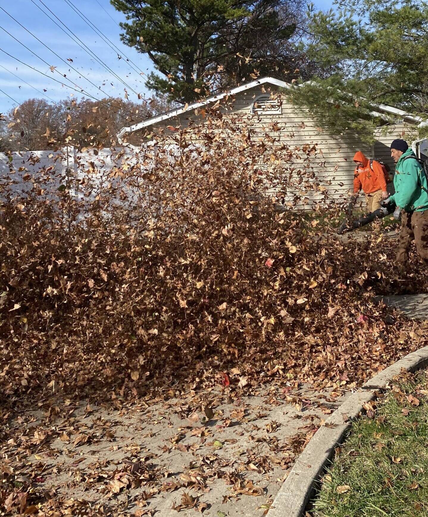 Spring cleanup crew clearing leaves from flower beds